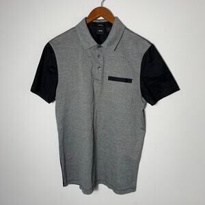 Mens Hugo Boss Mercerised Black & Gray Polo Shirt Short Sleeve Size M EUC!
